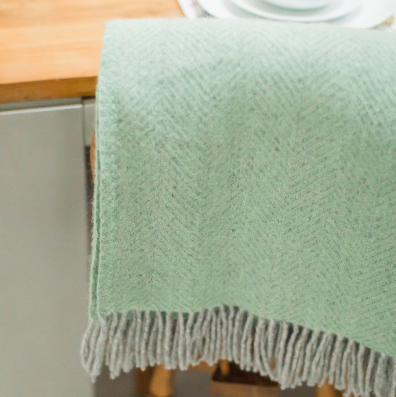 Herringbone Silver Grey and Laurel Green Wool Blanket with Fringe - THE BRISTOL ARTISAN