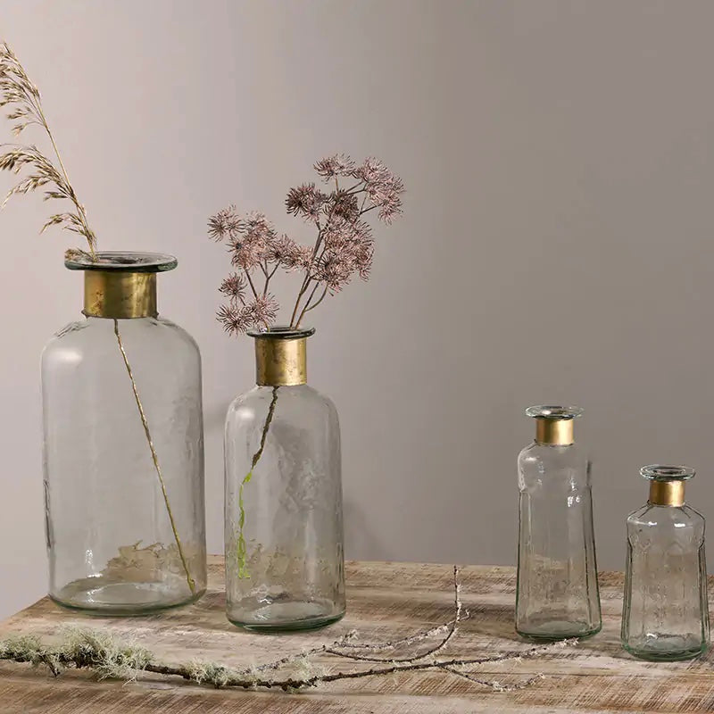 Hammered Bottle Vase - Clear Glass & Antique Brass - THE BRISTOL ARTISAN