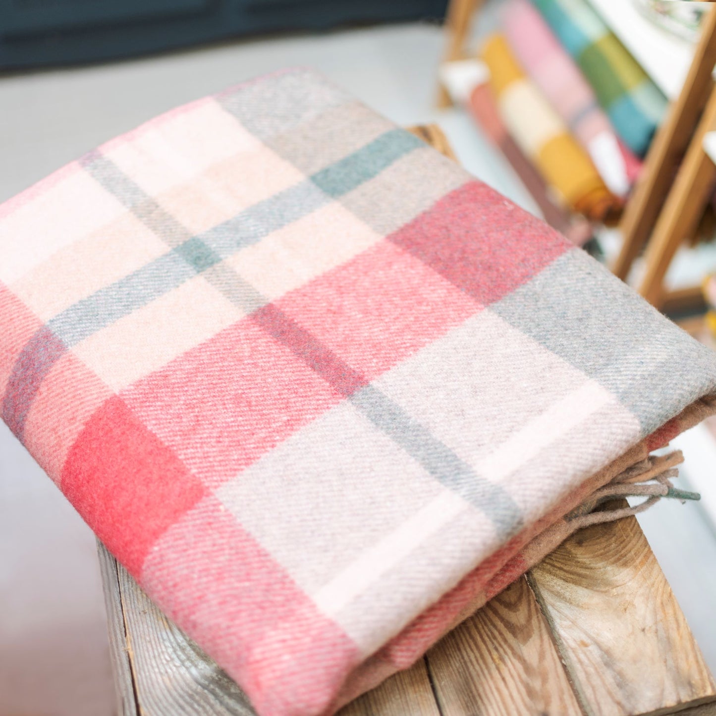 Recycled Wool Blanket in Pink Patchwork Check - The Bristol Artisan Handmade Sustainable Gifts and Homewares.
