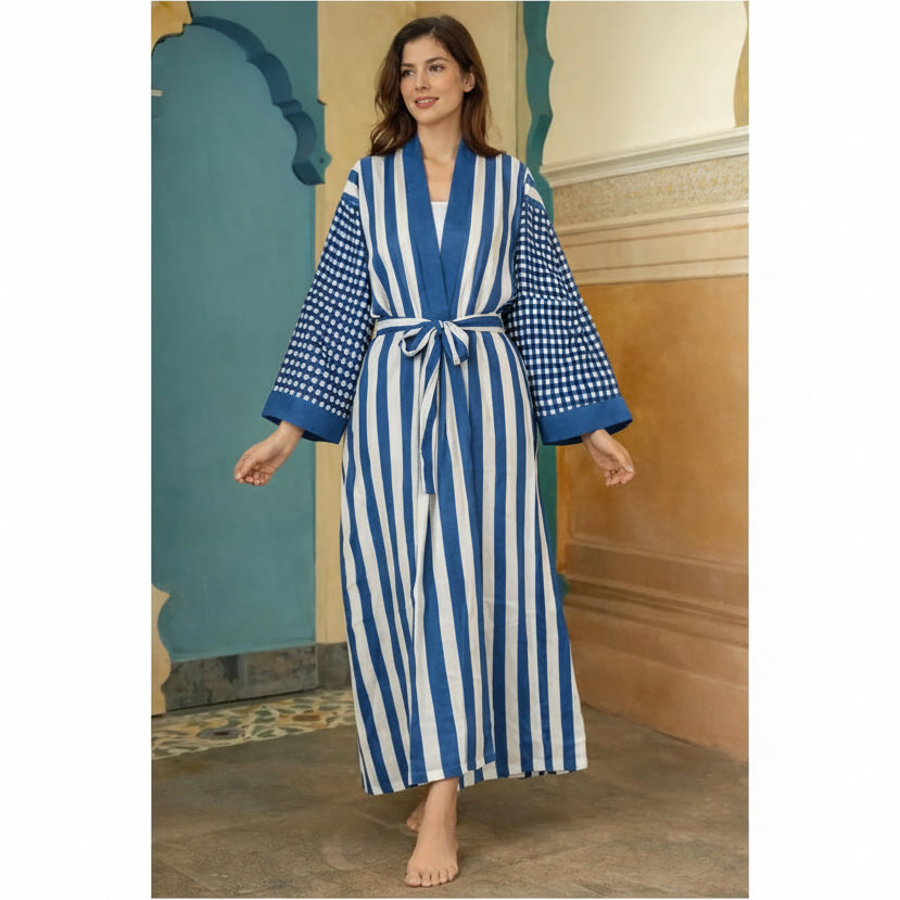 Blue stripe Pure Cotton Block Printed Kimono robe - THE BRISTOL ARTISAN