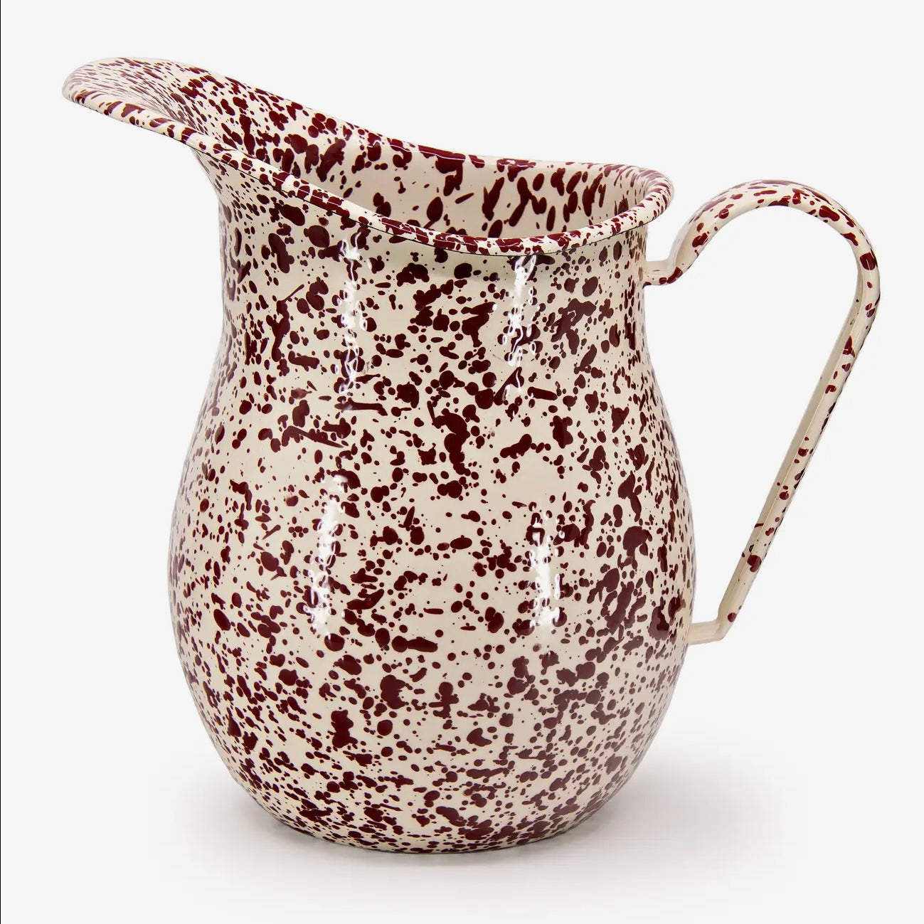 Burgundy and Cream Splatterware Enamel Pitcher Jug - THE BRISTOL ARTISAN
