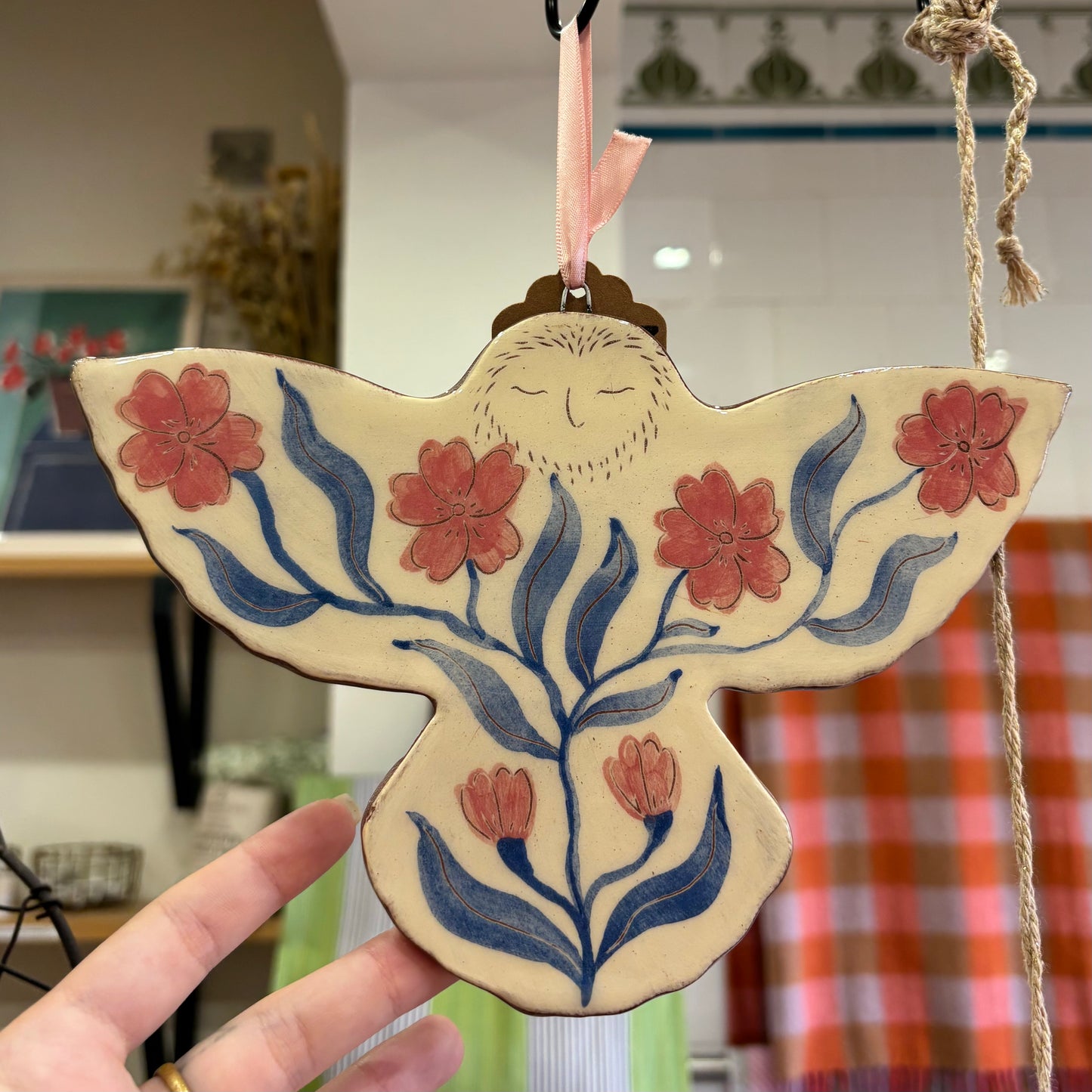 Hanging Ceramic Tile - Owl with Pink Flowers, Eyes Closed