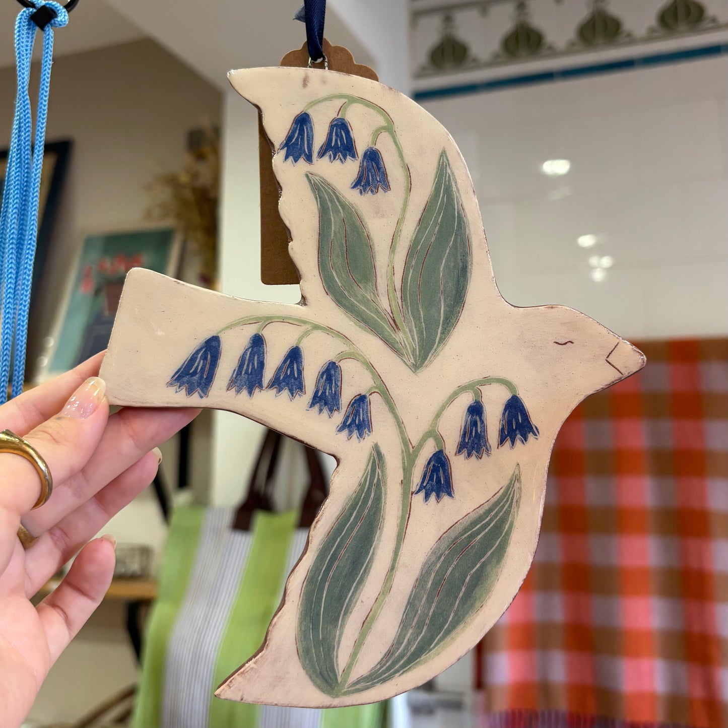 Hanging Ceramic Tile - Bird with Blue Flowers