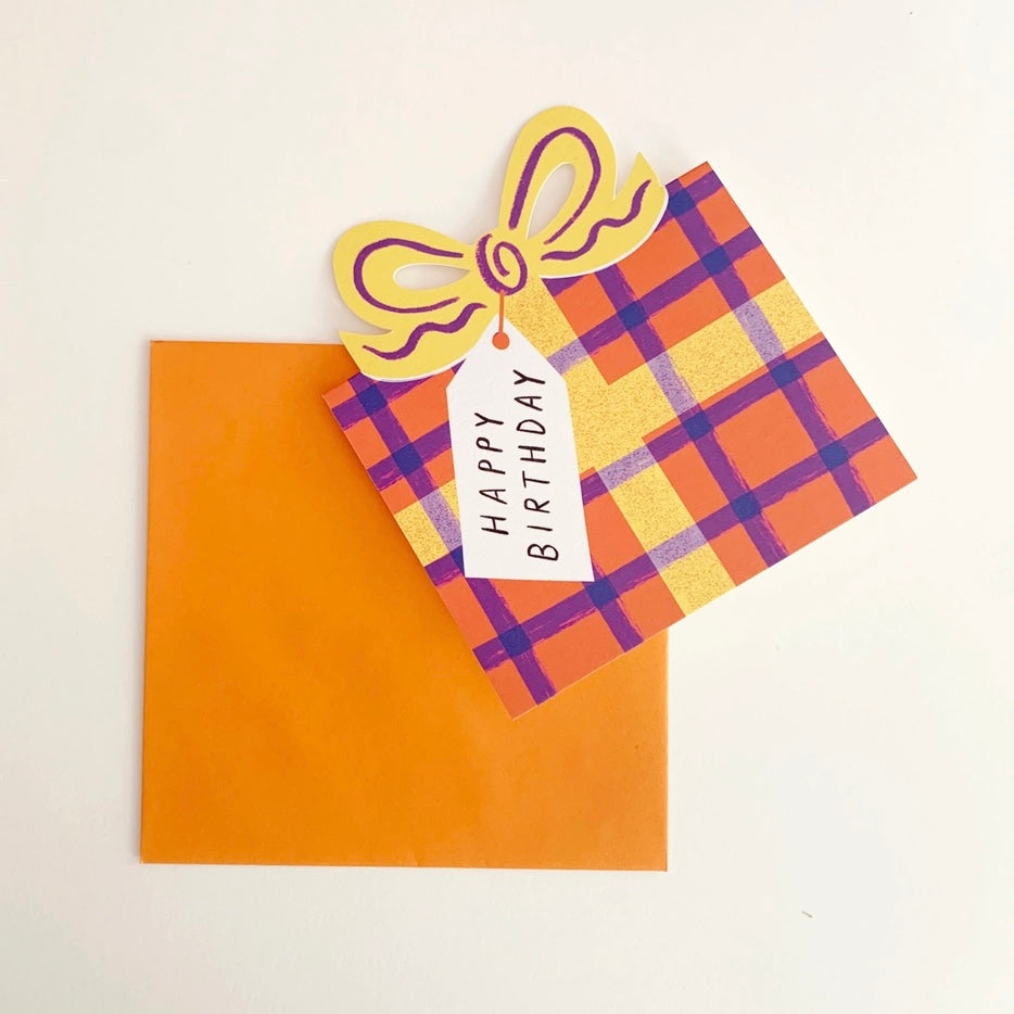 Birthday Bow Shaped Card - Orange & Yellow Gingham - THE BRISTOL ARTISAN