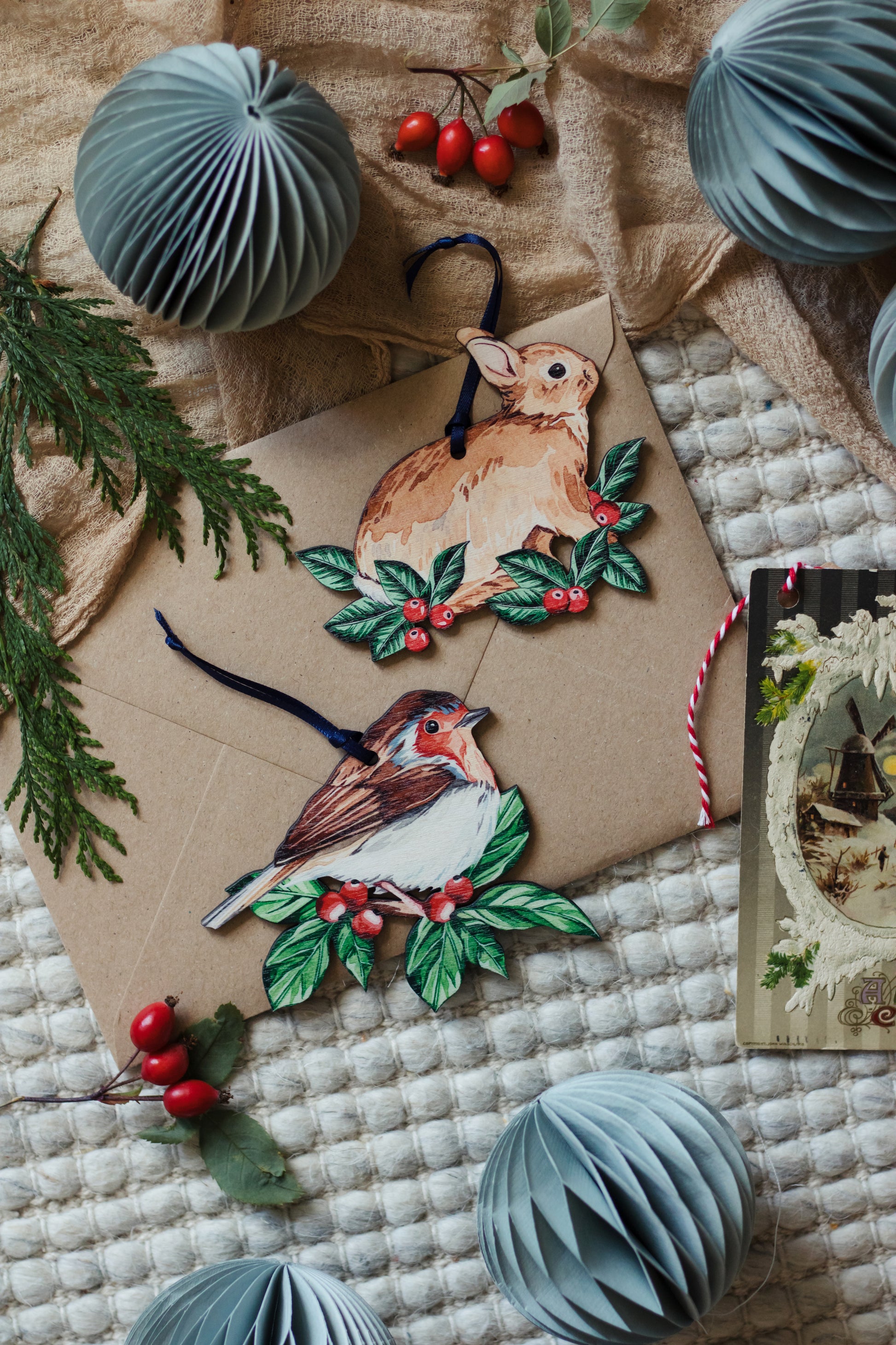Rabbit Wooden Watercolour Christmas decoration - THE BRISTOL ARTISAN