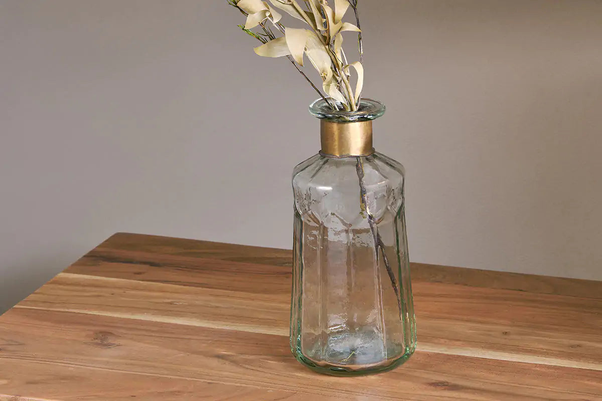 Hammered Bottle Vase - Clear Glass & Antique Brass - THE BRISTOL ARTISAN