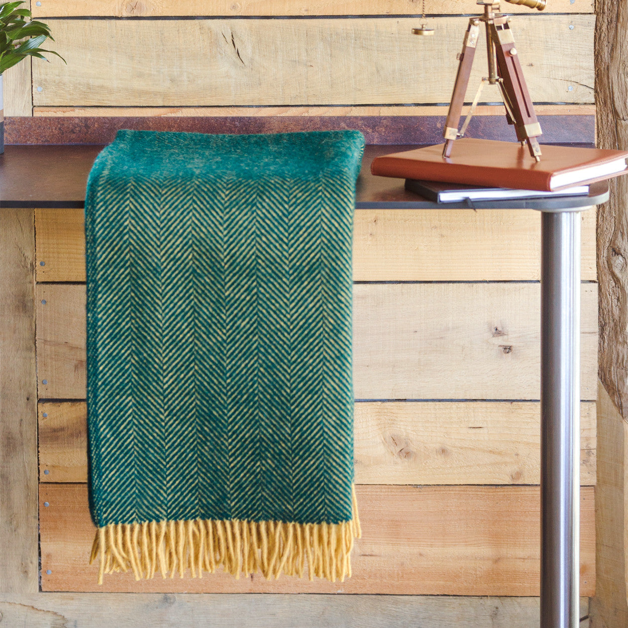 Herringbone Emerald & Mustard Wool Blanket with Fringe - THE BRISTOL ARTISAN