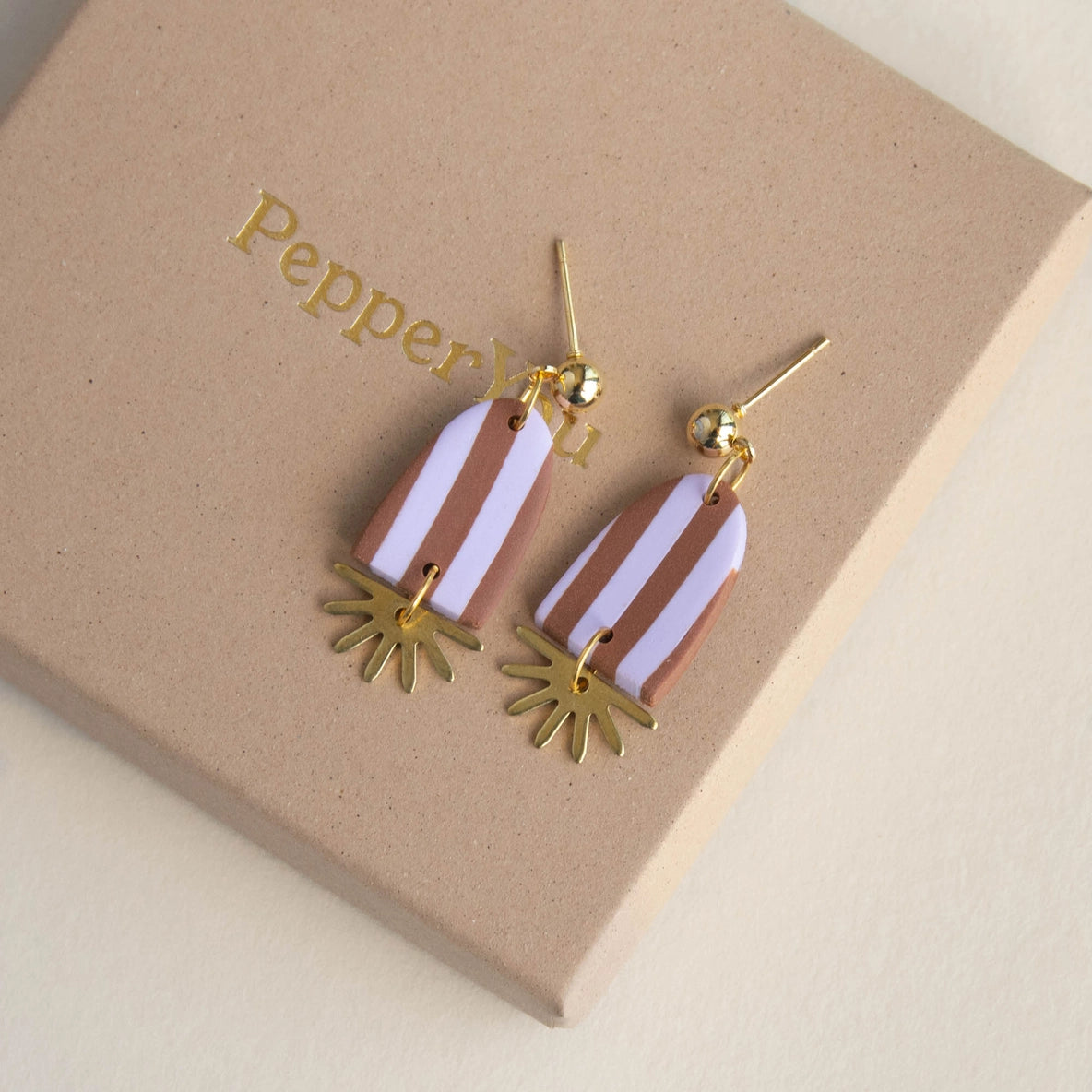 Sunny Stripe Drop Earrings - Lilac & Chocolate Brown - THE BRISTOL ARTISAN