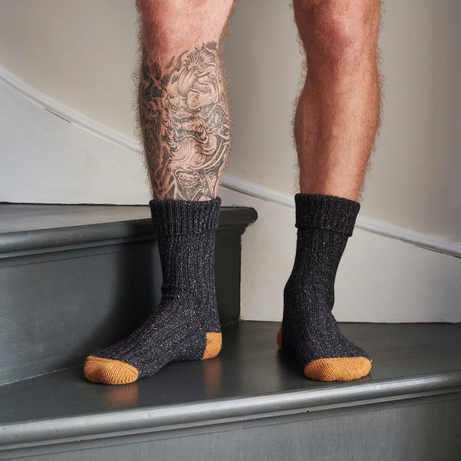 Unisex Recycled Silk Blend Ribbed Socks - Navy & Mustard - 8-11 - THE BRISTOL ARTISAN