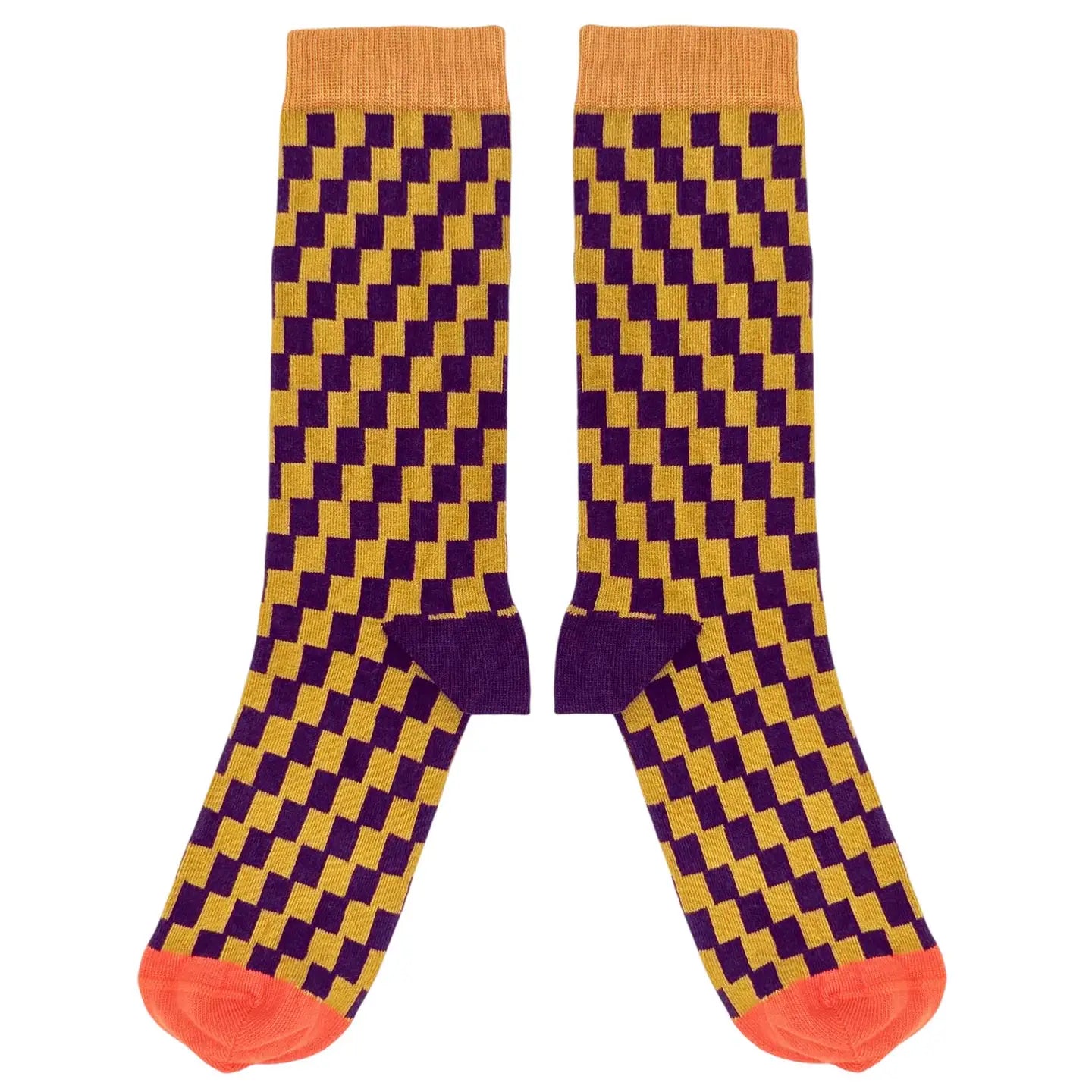 Organic Cotton Crew Socks - Aubergine/Mustard Check - UK 8-11 - THE BRISTOL ARTISAN