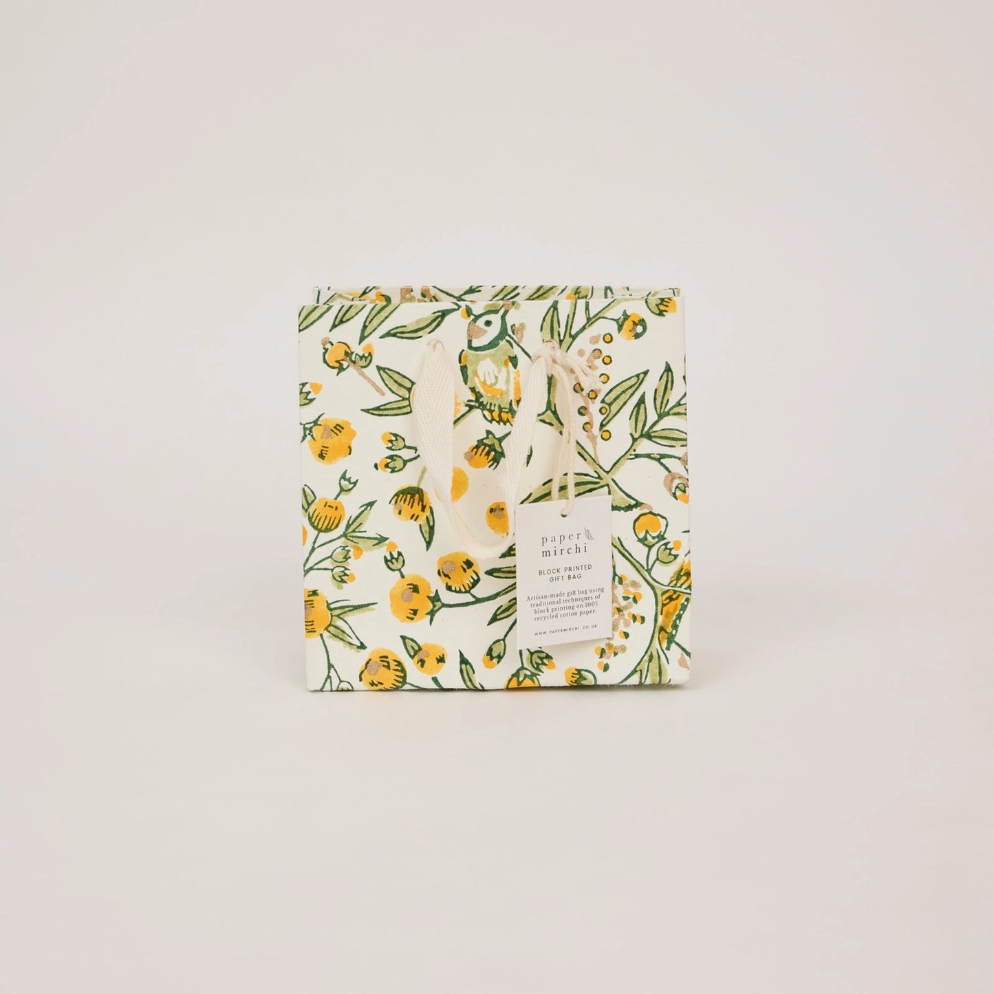 Hand Block Printed Small Gift Bag - Song Birds Sunshine - THE BRISTOL ARTISAN