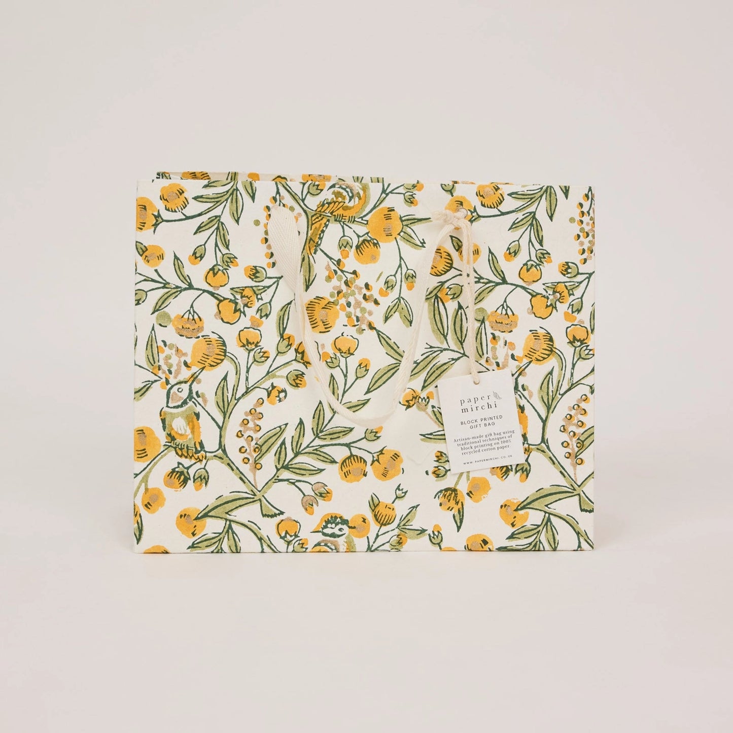 Hand Block Printed Medium Gift Bag - Songbirds Sunshine - THE BRISTOL ARTISAN