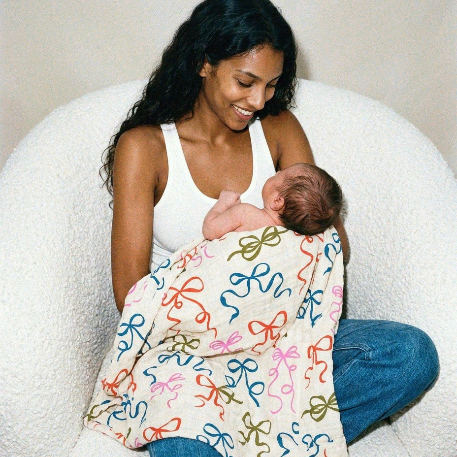 Large Organic Cotton Muslin Blanket - Bows - THE BRISTOL ARTISAN