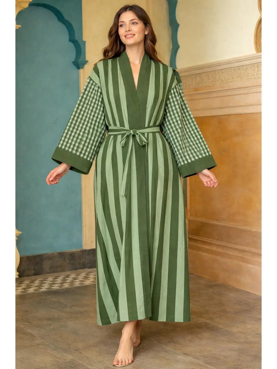Pure Cotton Block Printed Kimono Green - THE BRISTOL ARTISAN