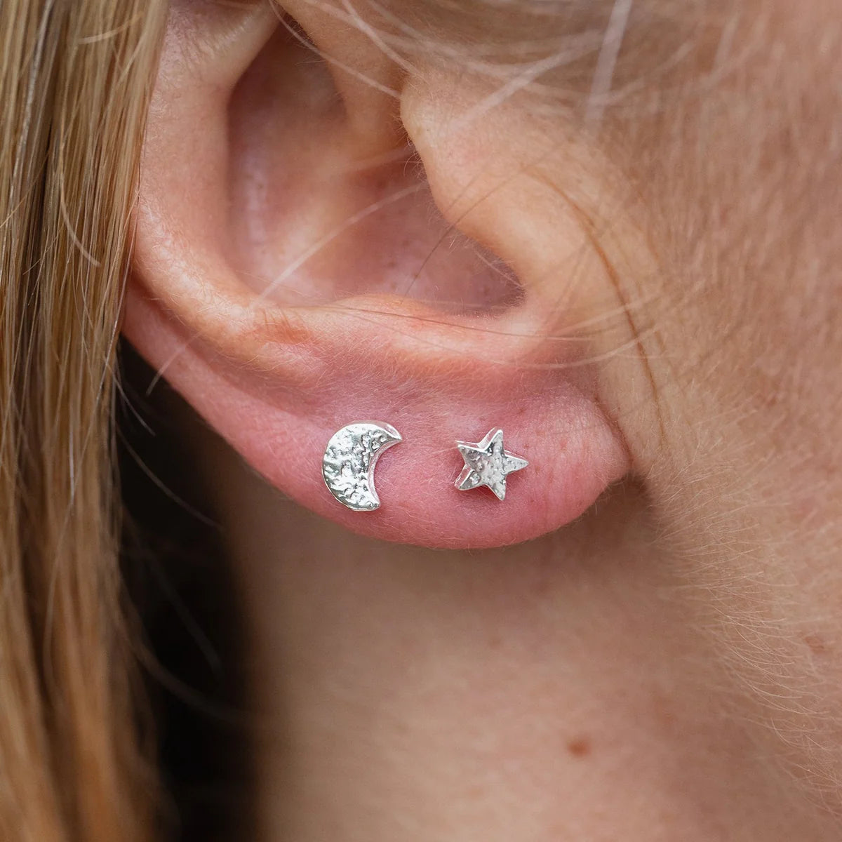 Sterling Silver Mini Studs Mismatch Moon and Star - THE BRISTOL ARTISAN