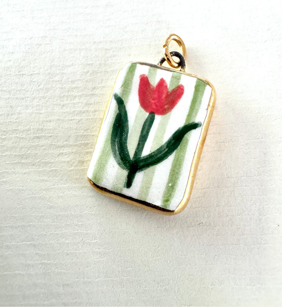 Tulip Green Stripe Ceramic Pendant Necklace - THE BRISTOL ARTISAN