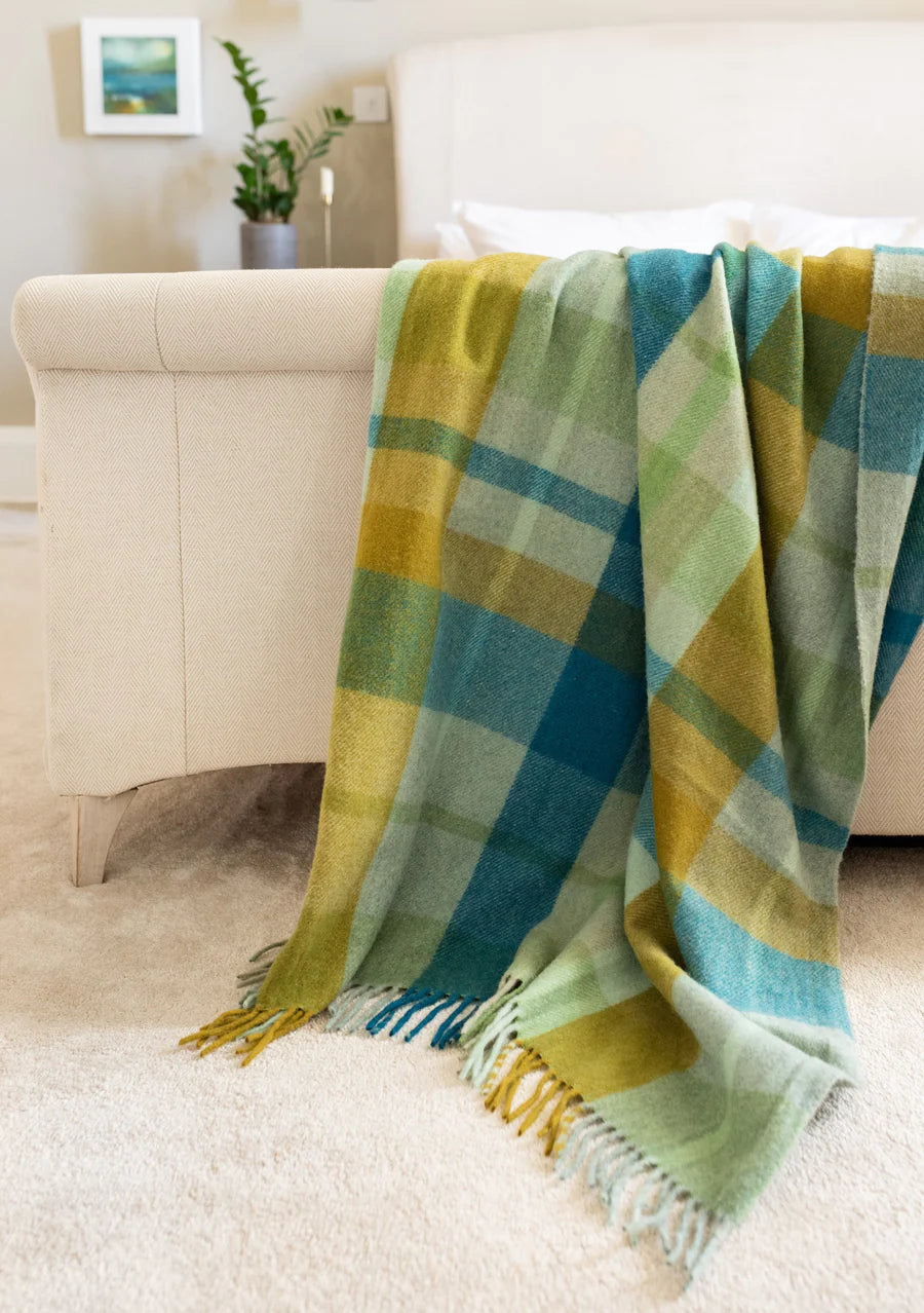 Recycled Wool Blanket in Teal Patchwork Check - The Bristol Artisan Handmade Sustainable Gifts and Homewares.
