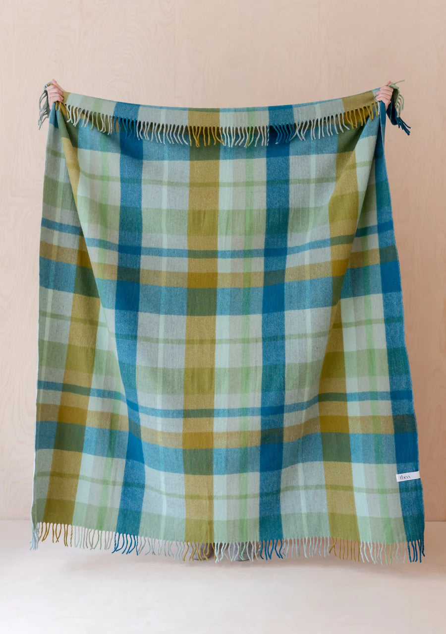 Recycled Wool Blanket in Teal Patchwork Check - The Bristol Artisan Handmade Sustainable Gifts and Homewares.