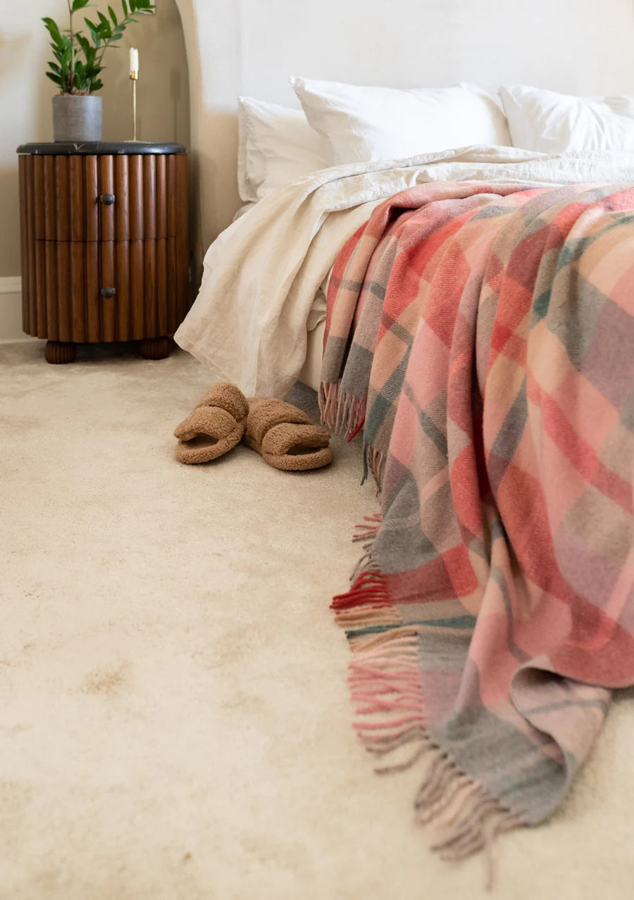 Recycled Wool Blanket in Pink Patchwork Check - The Bristol Artisan Handmade Sustainable Gifts and Homewares.