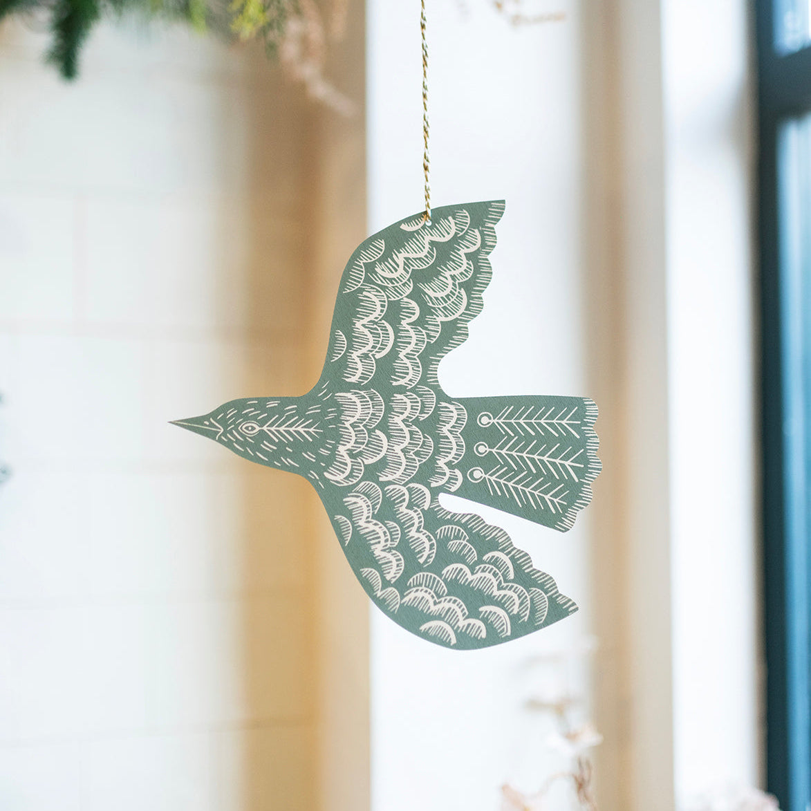 Hanging Linocut Blackbird - Teal - THE BRISTOL ARTISAN