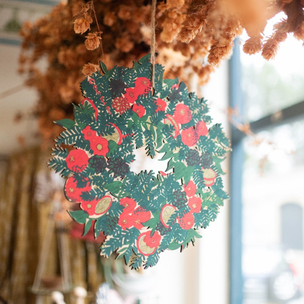 Christmas Foliage Wreath screen printed wooden decoration - The Bristol Artisan Handmade Sustainable Gifts and Homewares.