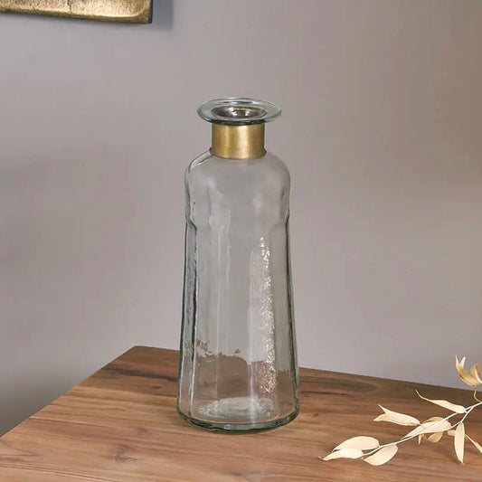 Hammered Bottle Vase - Clear Glass & Antique Brass - THE BRISTOL ARTISAN