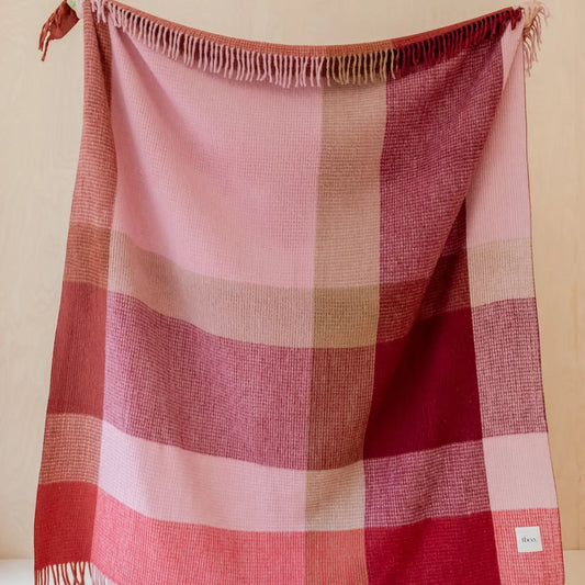 Recycled Wool Blanket in Berry Waffle Block Check - THE BRISTOL ARTISAN