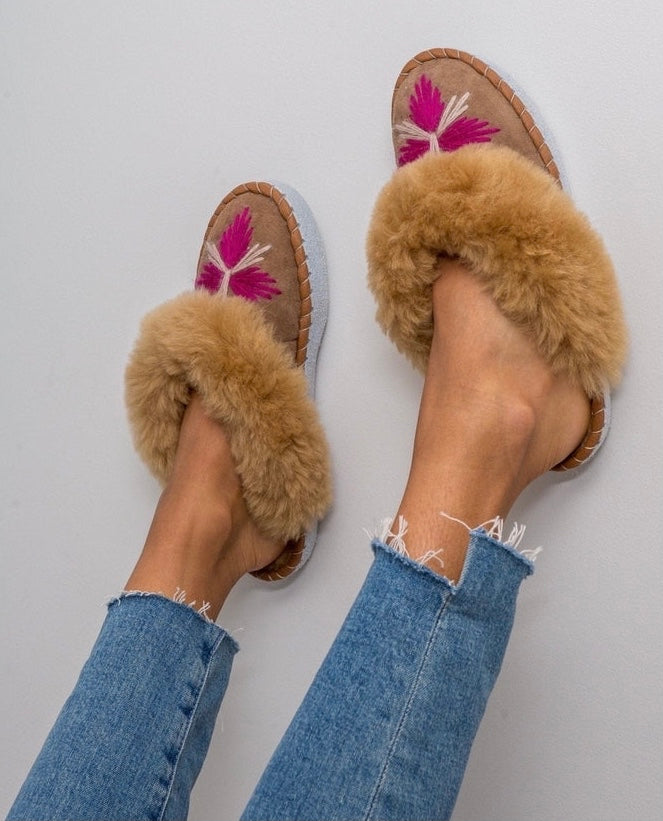 Rhubarb backless Sheepskin Mules Slippers - The Bristol Artisan Handmade Sustainable Gifts and Homewares.