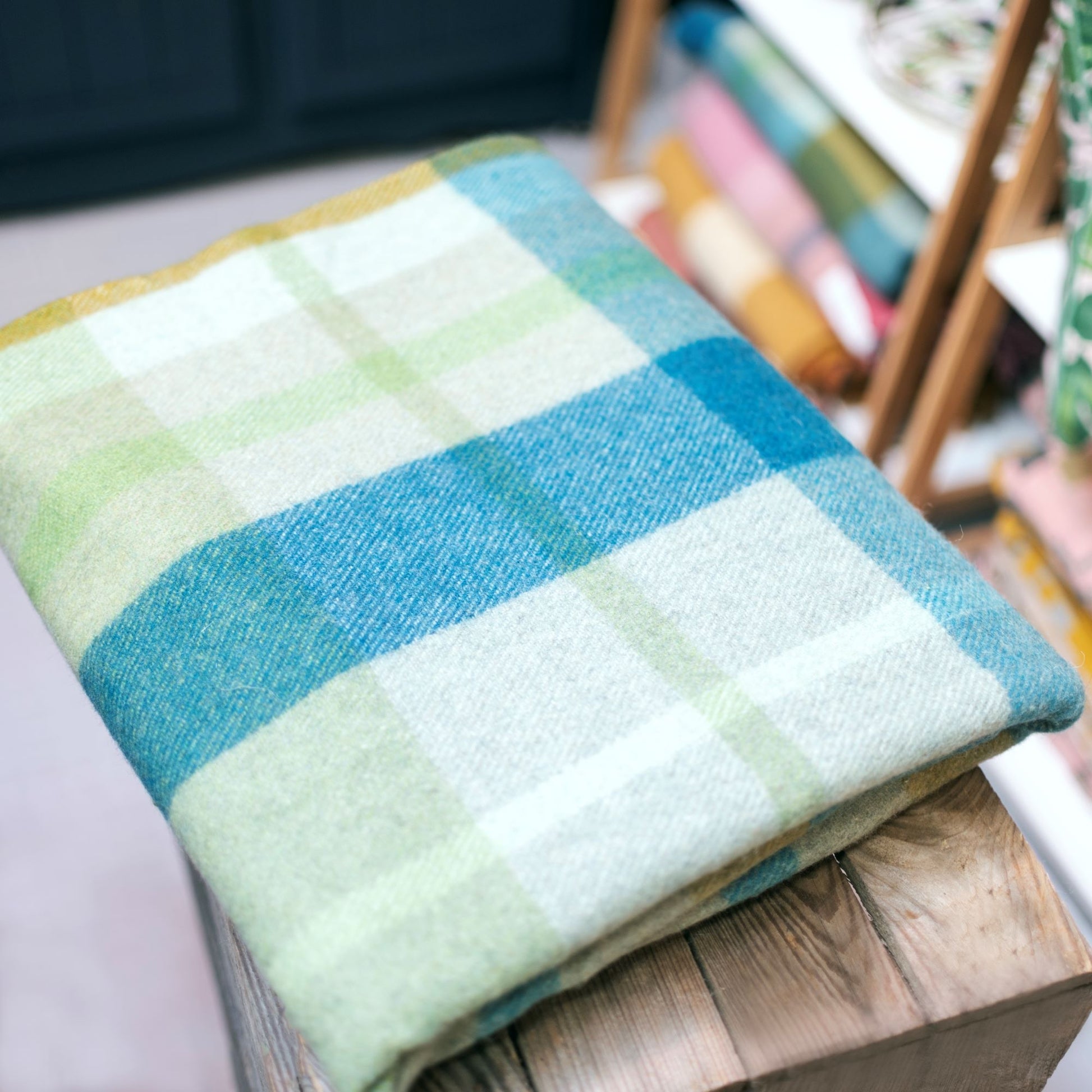 Recycled Wool Blanket in Teal Patchwork Check - THE BRISTOL ARTISAN