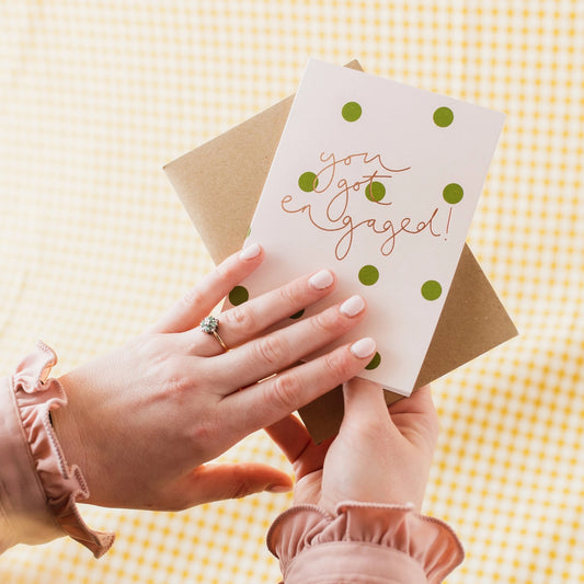 You Got Engaged Rose Gold Foil and Green Polka Dots Card - THE BRISTOL ARTISAN