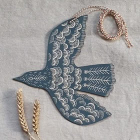 Hanging Linocut Blackbird - Teal Blue - THE BRISTOL ARTISAN