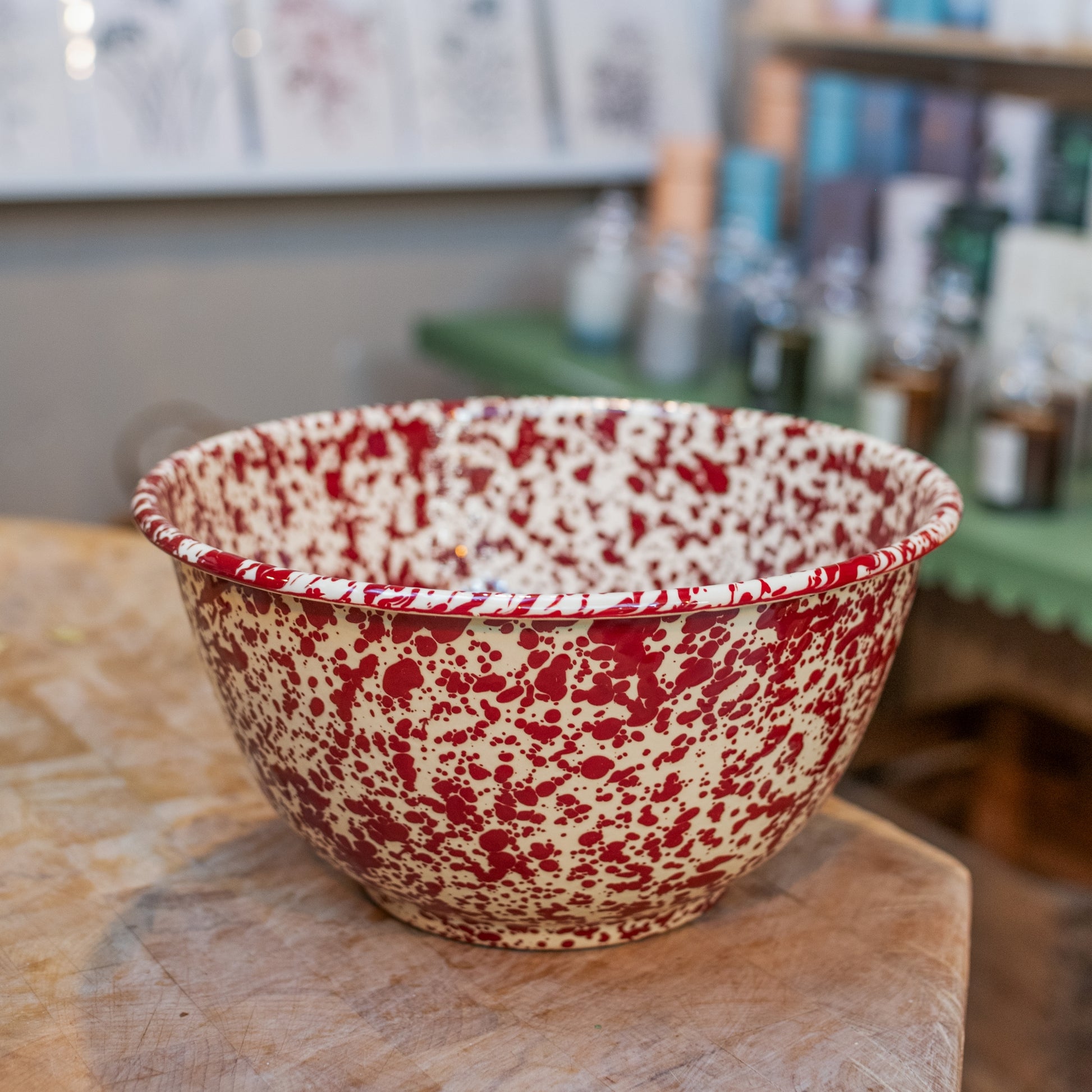Burgundy and Cream Splatter Enamel Salad Bowl - THE BRISTOL ARTISAN