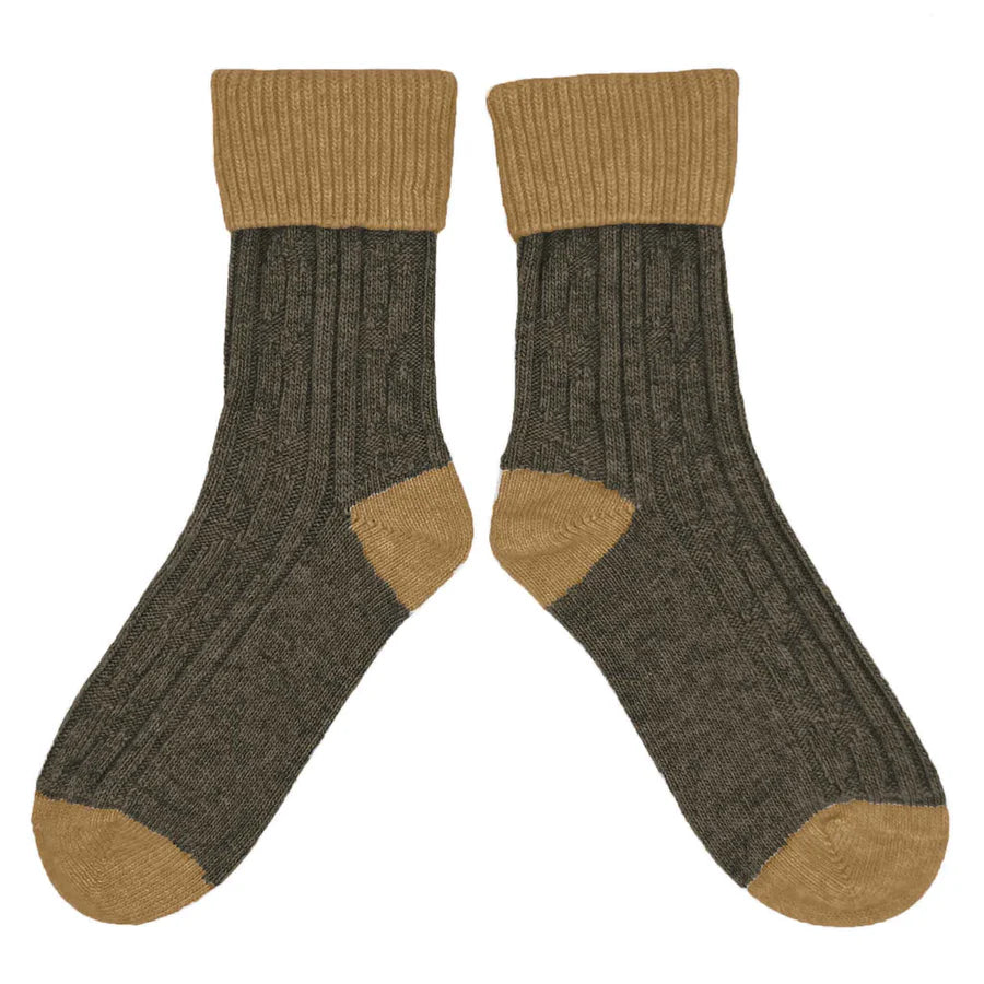 Cashmere Blend Slouch Socks - Dark Grey & Soft Brown - UK 4-7
