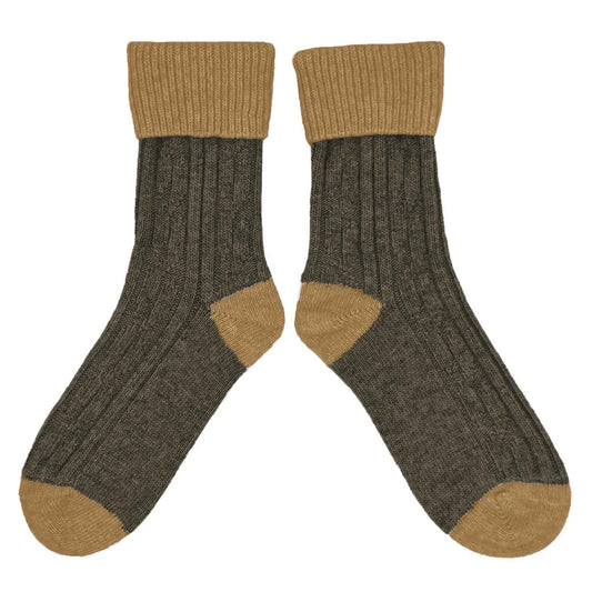 Cashmere Blend Slouch Socks - Dark Grey & Soft Brown - UK 4-7