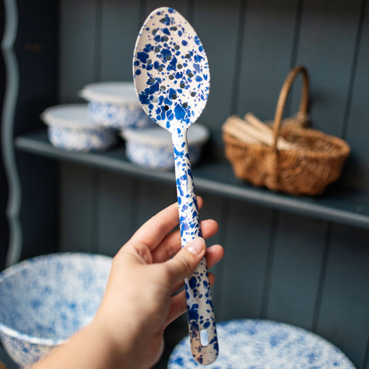Blue Splatterware Enamel Large Slotted Cooking Spoon - THE BRISTOL ARTISAN