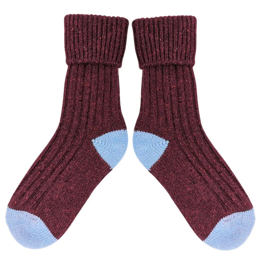Unisex Recycled Silk Blend Ribbed Socks - Burgundy & Blue - UK 4-7 - THE BRISTOL ARTISAN