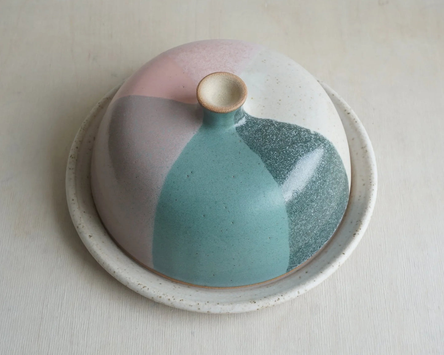 'Bristol' Trio Glaze Butter Dish - Jade & pink by Liz Vidal
