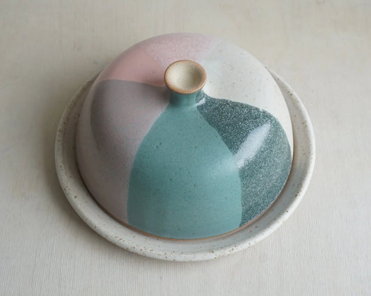 'Bristol' Trio Glaze Butter Dish - Jade & pink by Liz Vidal
