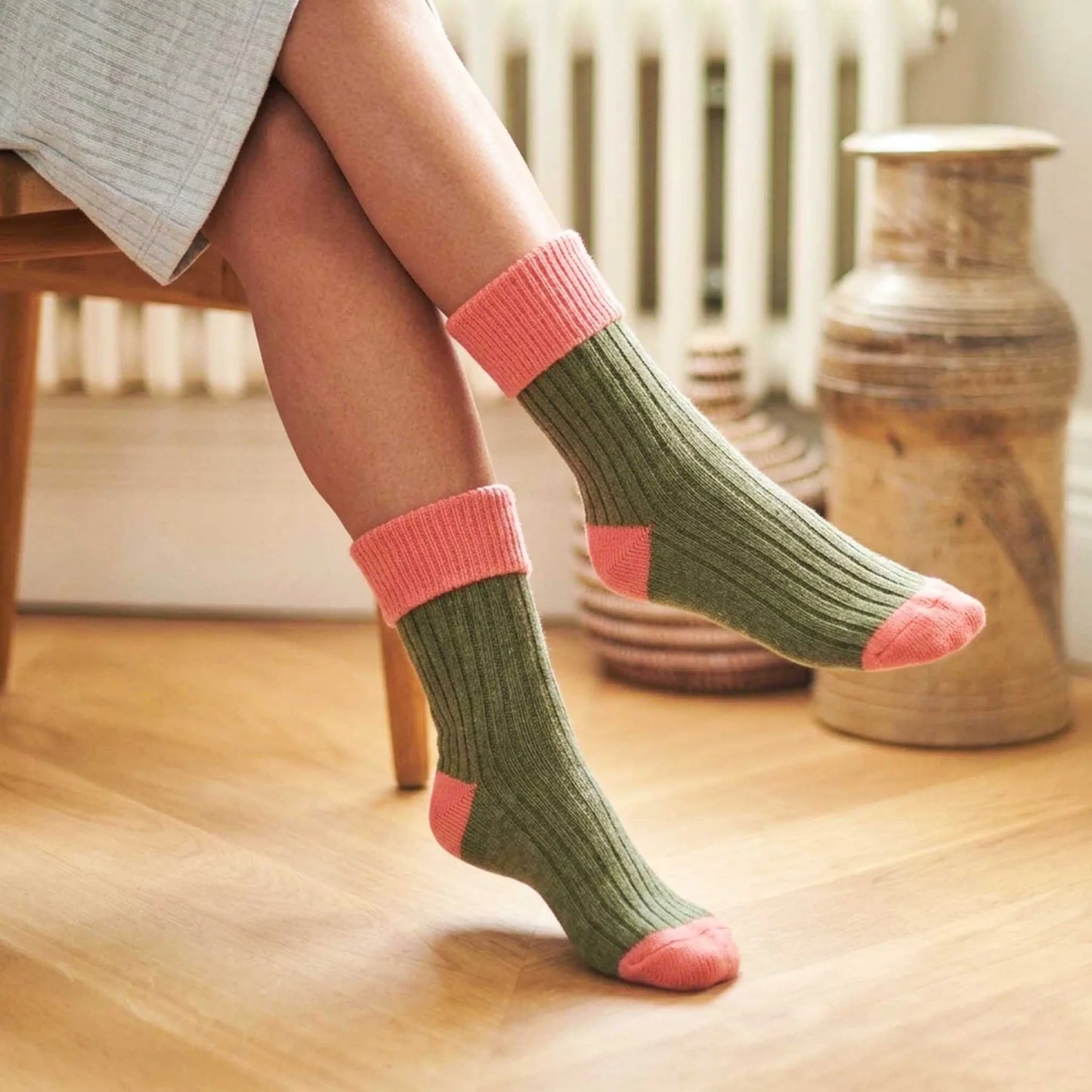 Cashmere Blend Slouch Socks - Khaki Green & Coral - UK 4-7 - THE BRISTOL ARTISAN