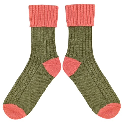 Cashmere Blend Slouch Socks - Khaki Green & Coral - UK 4-7 - THE BRISTOL ARTISAN