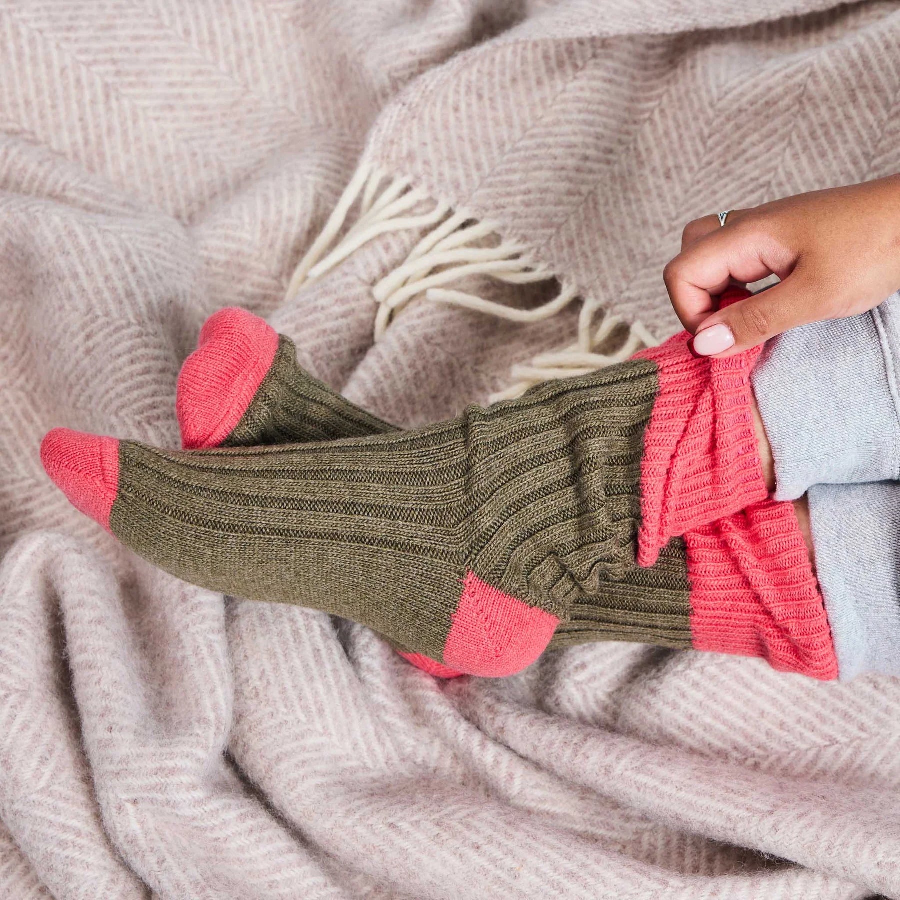 Cashmere Blend Slouch Socks - Khaki Green & Coral - UK 4-7 - THE BRISTOL ARTISAN