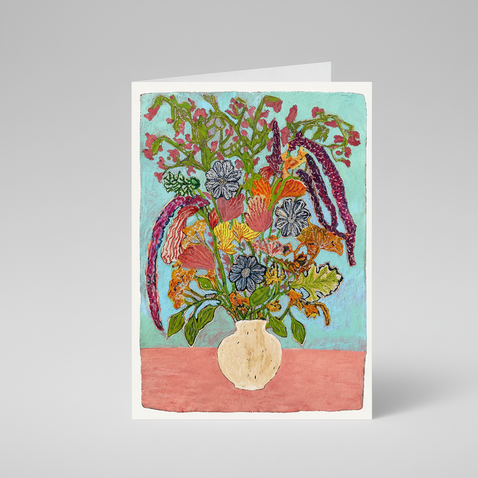 A square art print or card featuring a colorful still life painting of a flower bouquet in a cream-colored vase against a light blue background with a pink lower section.