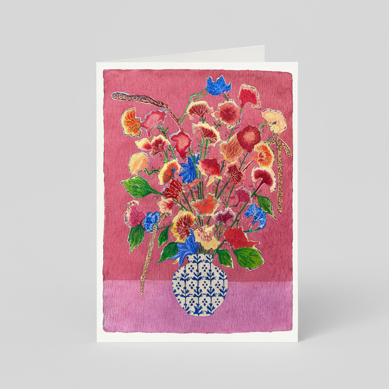 A square art print or card featuring a colorful bouquet of flowers in a blue-and-white patterned vase against a pink and purple background.