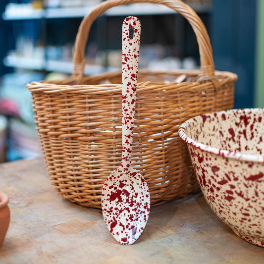 Burgundy and Cream Splatter Enamel Slotted Spoon - THE BRISTOL ARTISAN