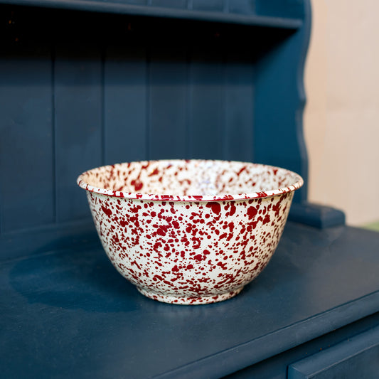 Burgundy and Cream Splatter Enamel Salad Bowl - THE BRISTOL ARTISAN