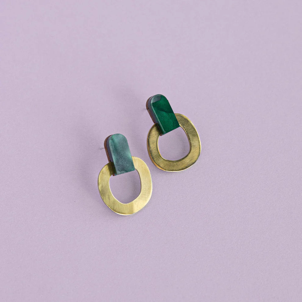 Around Brass Stud Earrings in Teal - THE BRISTOL ARTISAN