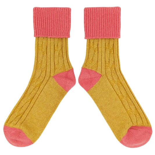 Cashmere Blend Slouch Socks - Gold & Coral - UK 4-7 - THE BRISTOL ARTISAN