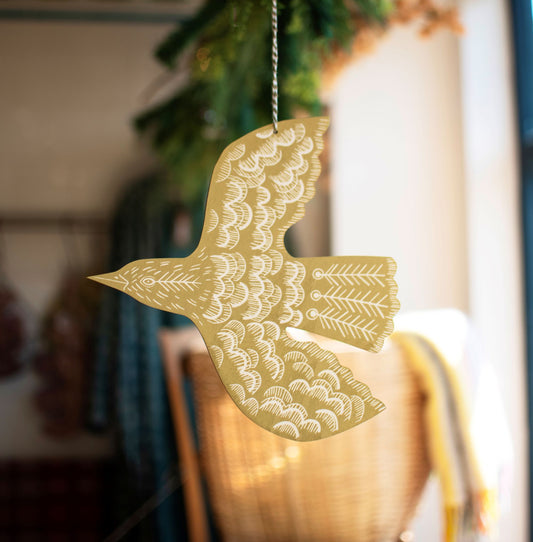 Hanging linocut blackbird- yellow - THE BRISTOL ARTISAN