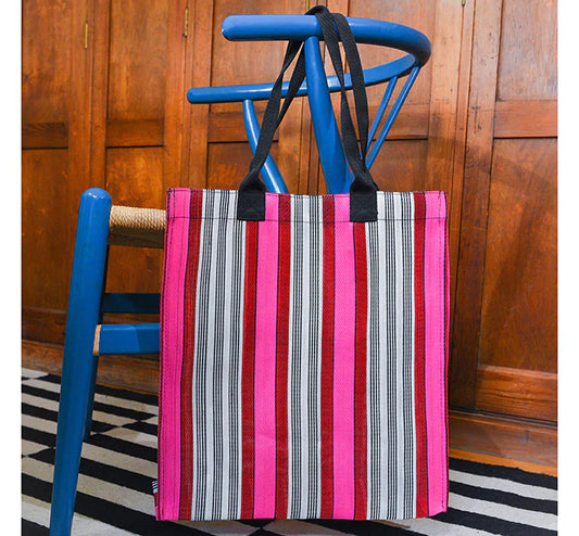Eco Woven Shopper/Beach Bag - Magenta, Guardsmen Red and Pearl Stripe - THE BRISTOL ARTISAN