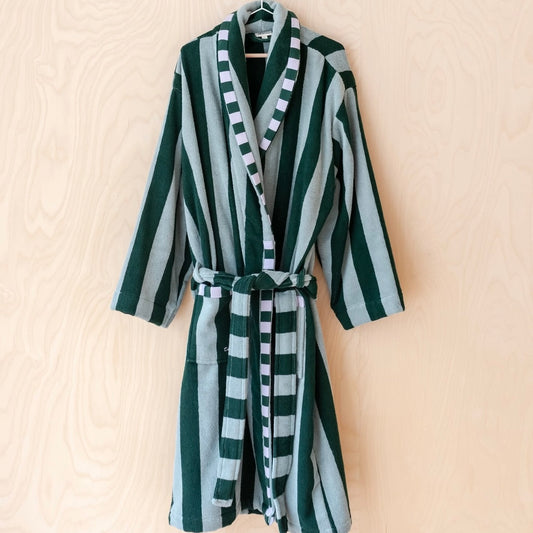 Terry Cotton Unisex Bath Robe in Green Stripe (XL-2XL, UK 14-16) - THE BRISTOL ARTISAN